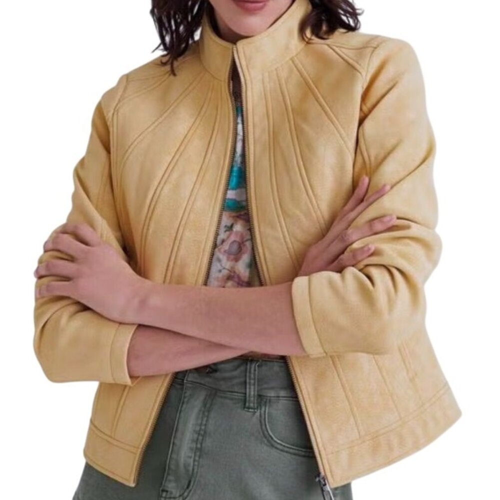 Desigual Womens Faux Suede Leather Slim Biker Jacket Size XL NWT Mustard Yellow